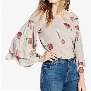 Lucky Brand Duquet Floral Top Gold Shimmer Bell Layered Sleeves Tan